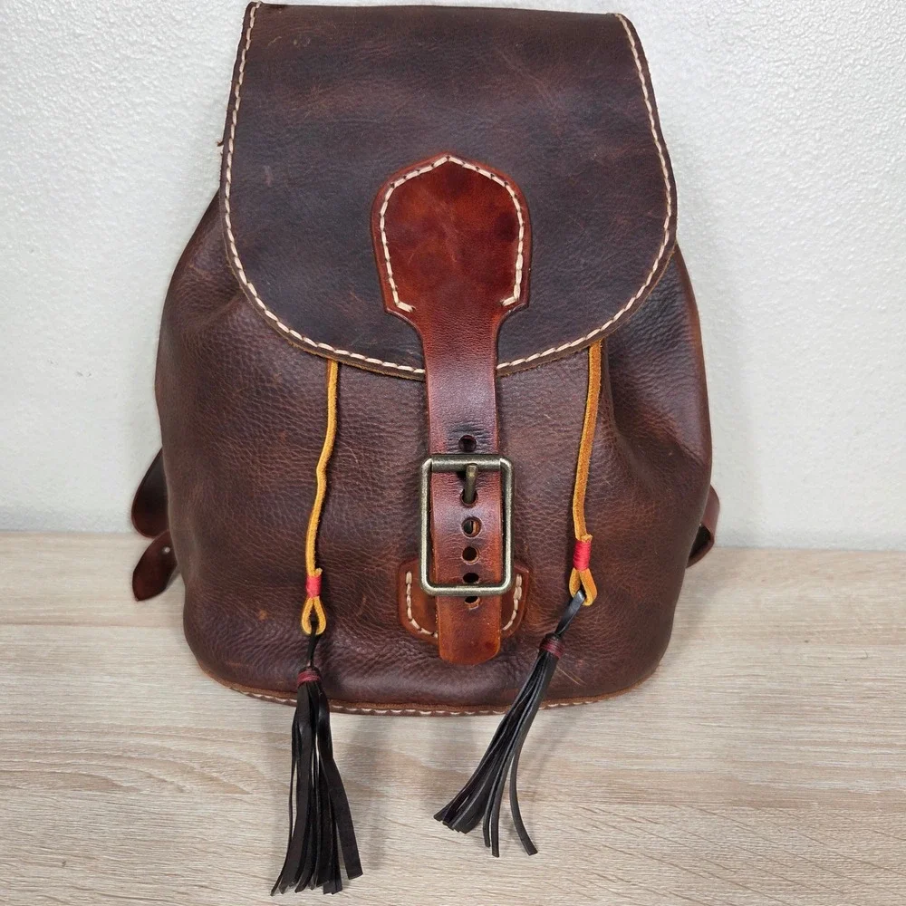 Vintage Brown Genuine Leather Backpack Drawstring Tassel Boho Western Rucksack